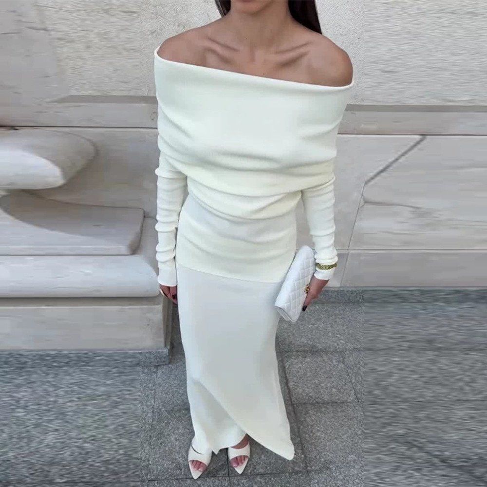 Forever 21 White Off-Shoulder Long-Sleeve Minimalist Knit Long Skirt Set